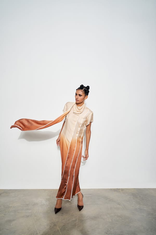 Hues of Brown Ombre Satin Maxi Dress with Attached Scarf — Corpora Studio