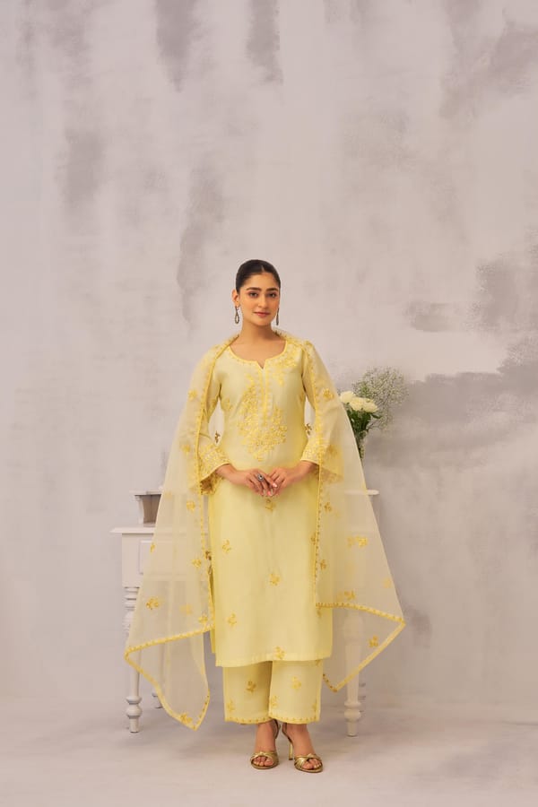 Lime Yellow Chanderi Silk Embroidered Suit Set — NARAYANI VASTRA