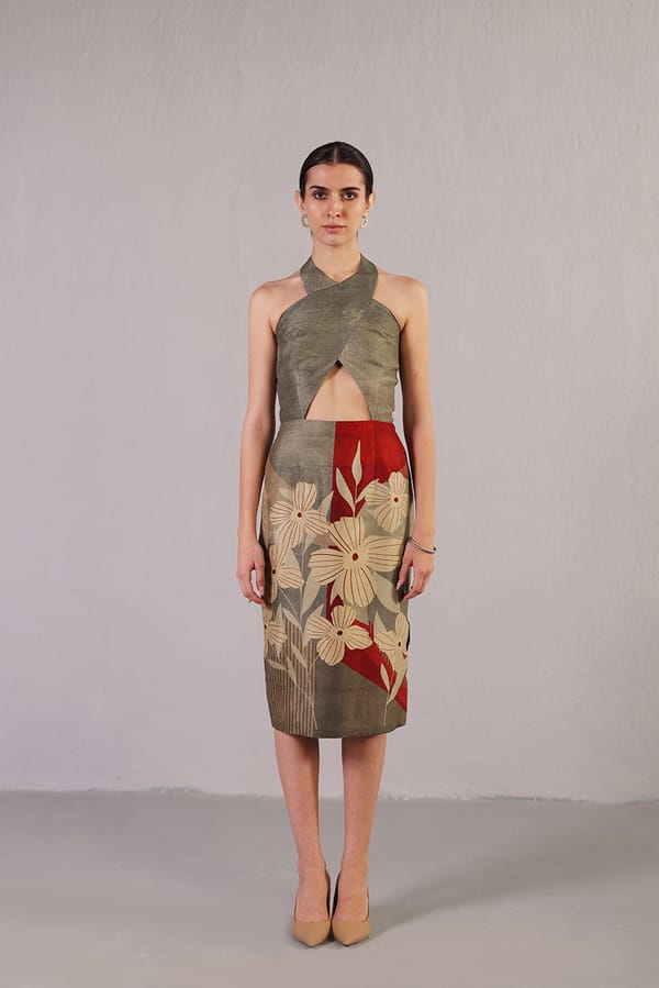 Wine and Grey Halter Cut-Out Printed Midi Dress — CLOS
