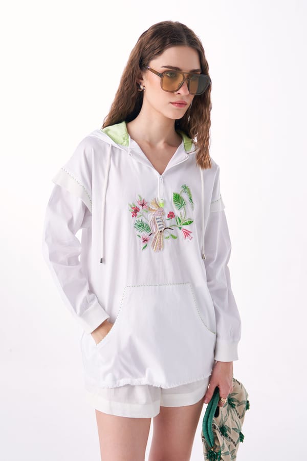 White Hooded Zip-Neck Shirt with Parrot Embroidery — Our Love