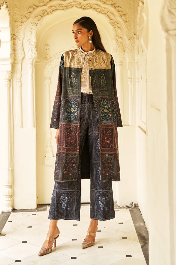 Multi Mughal Print Longline Jacket with Band Collar — Dash and Dot