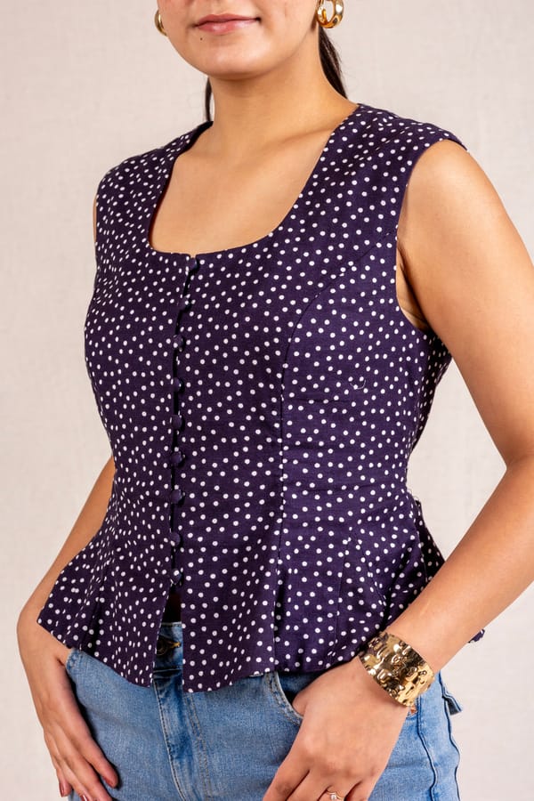 Navy Polka Dot Peplum Sleeveless Top — Move About Effortlessly