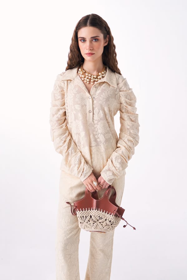 Ivory Sheer Lace Shirt with Gathered Sleeves — Our Love