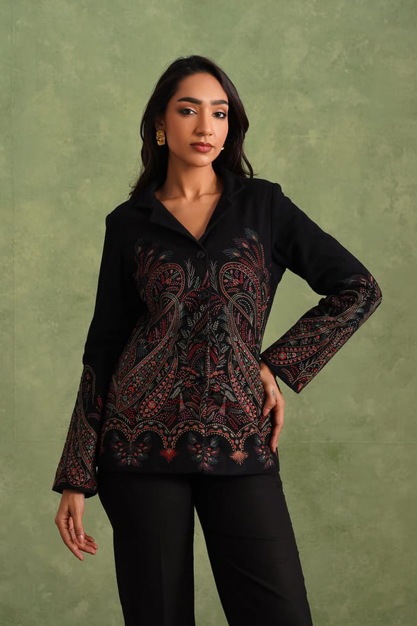 Black Wool Blend Embroidered Tailored Blazer — INCHING INDIA