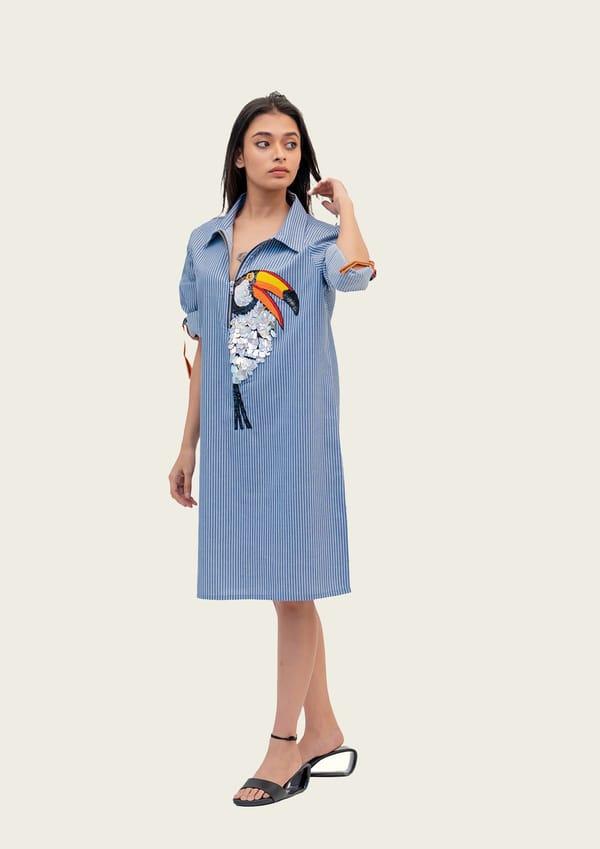 Blue and White Stripe Cotton Dress with Embroidery — Richa Goenka