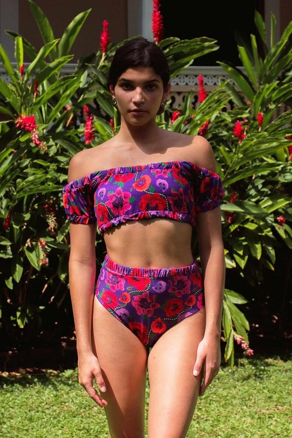 Oriental Poppy Ruched Off Shoulder Bikini Top — IZSI