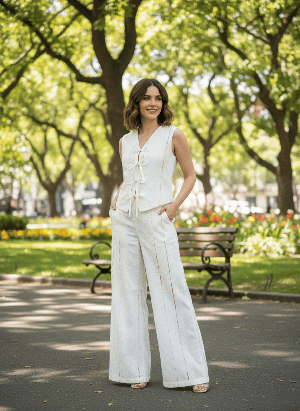 White Sleeveless V-Neck Tie-Up Co-ord Set with Wide-Leg Pants — DODO & MOA