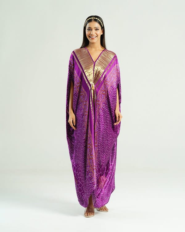 Purple and Gold Bandhej Print Zari Panel Kaftan — Mayura Kumar