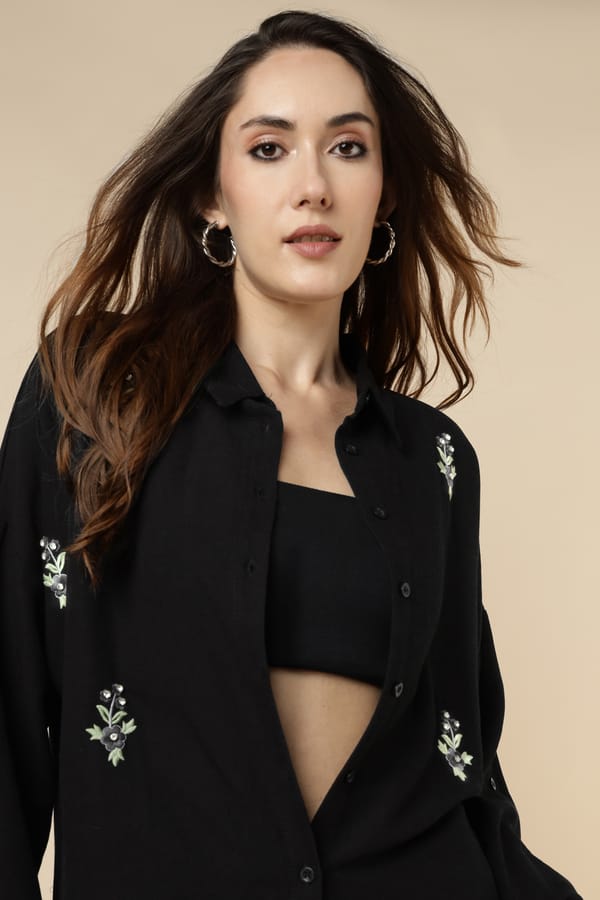Black Collared Button-Down Shirt with Floral Embroidery — BURRASCA