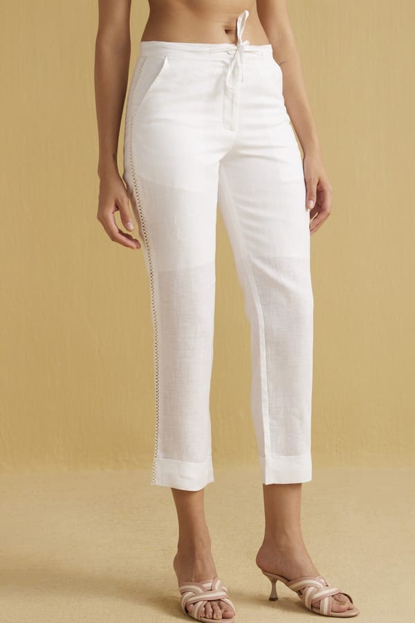 White Linen Cigarette Trousers with Waist Tie — YELL