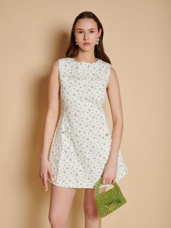 Ivory and Blue Floral Print A-Line Mini Dress — SISTER JANE