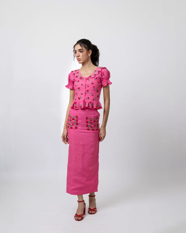 Fuchsia Linen Straight Midi Skirt with Beaded Pockets — MAGIA