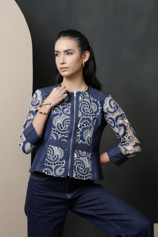 Dark Denim and Ecru Lace Structured Zip Jacket — Rhe-Ana