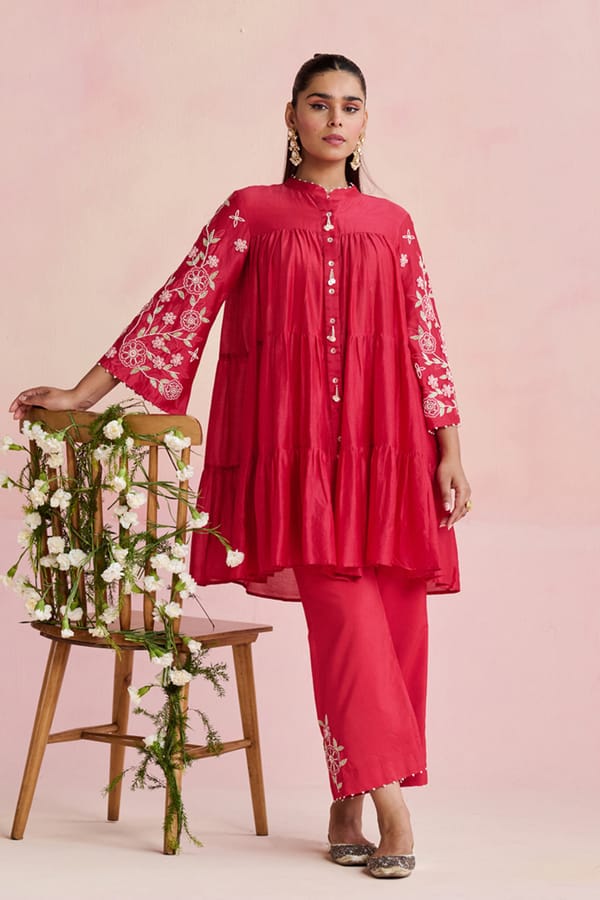 Red Chanderi Tiered Kurta Set with Embroidered Sleeves — NIRVAIR CLOTHING