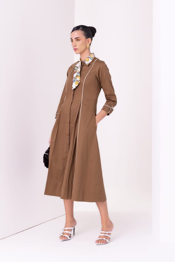 Tan Fit and Flare Midi Shirt Dress with Embroidered Collar — Our Love