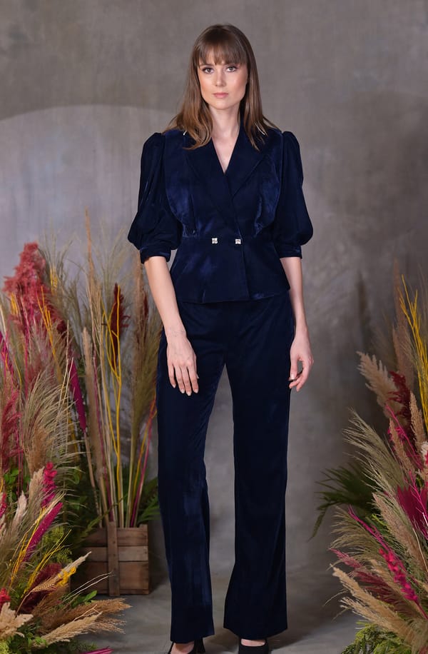 Dark Blue Velvet Blazer Pant Set — OMBRELLO