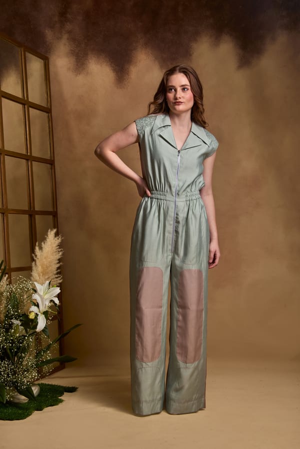 Seagreen Roman Silk Colorblocked Zip-Front Wide-Leg Jumpsuit — An'era by Asmita Verma