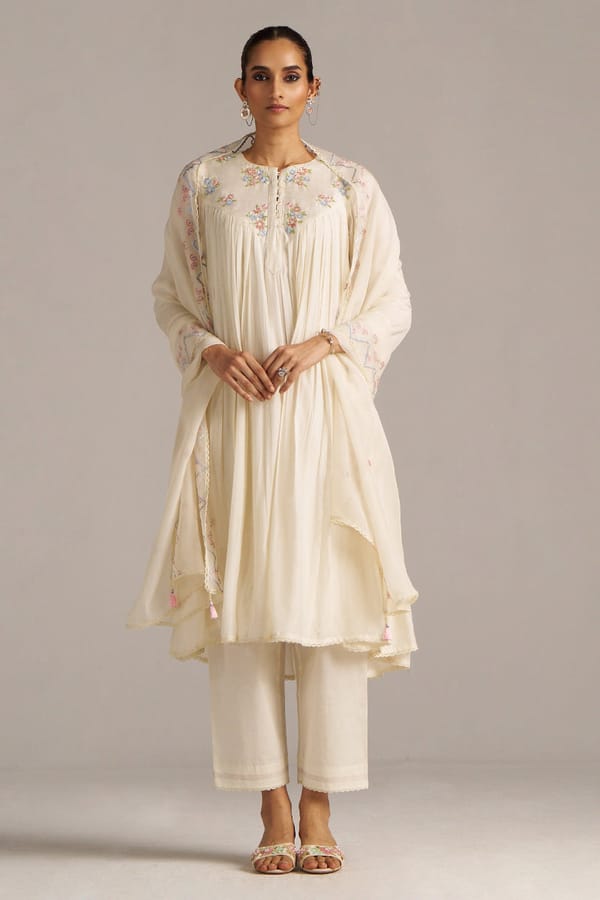 Off White Anarkali Kurta Set with Embroidered Dupatta — Ganga Fashions Pvt Ltd