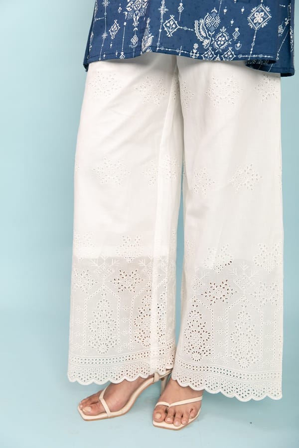 White Cotton Straight Pants with Tonal Embroidered Hem — LABEL NAARITI