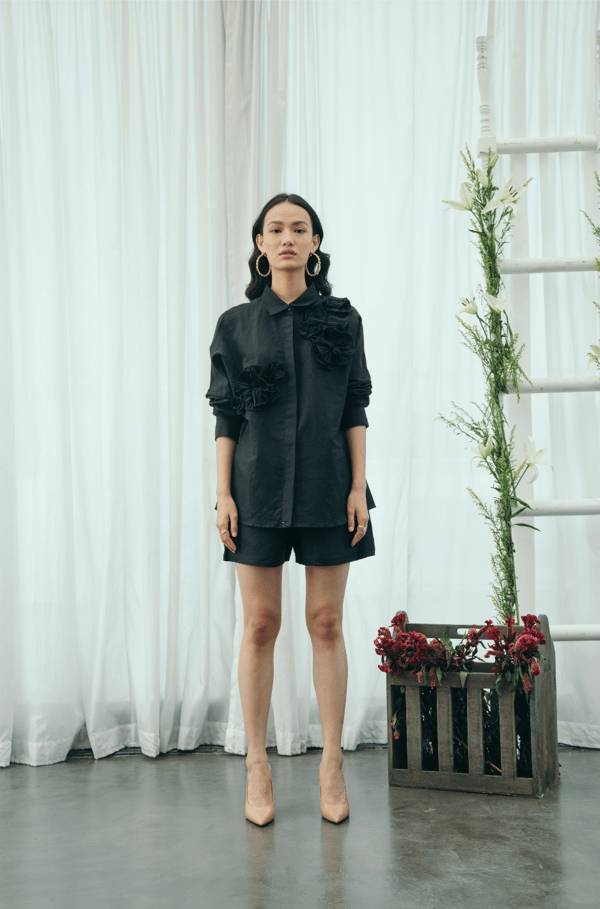 Black Linen Shirt and Shorts Co-ord Set with Rosette Applique — Pleats by Aruni