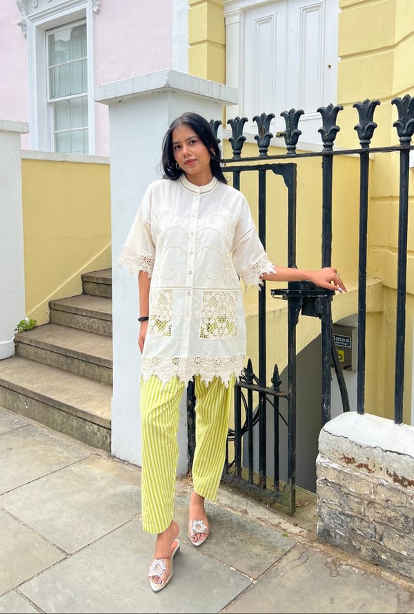 White Cutwork Tunic and Green Striped Pants Co-ord Set — INCHING INDIA