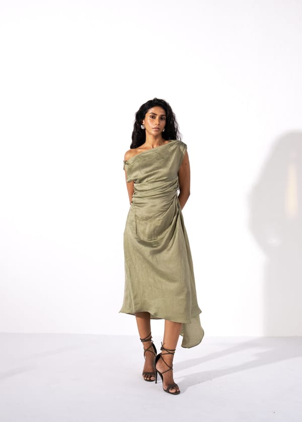Green One-Shoulder Asymmetrical Pleated Midi Dress — Shop Staple