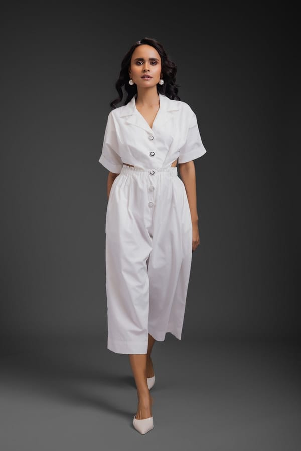 White Jumpsuit With Side Cuts — Deepika Arora