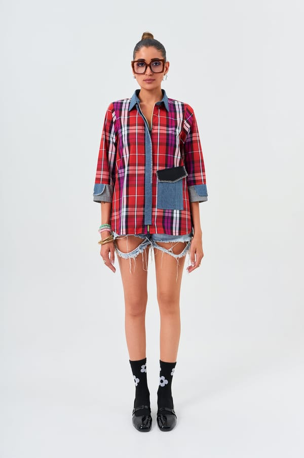 Red Plaid Cotton Shirt with Contrast Denim Details — KOR