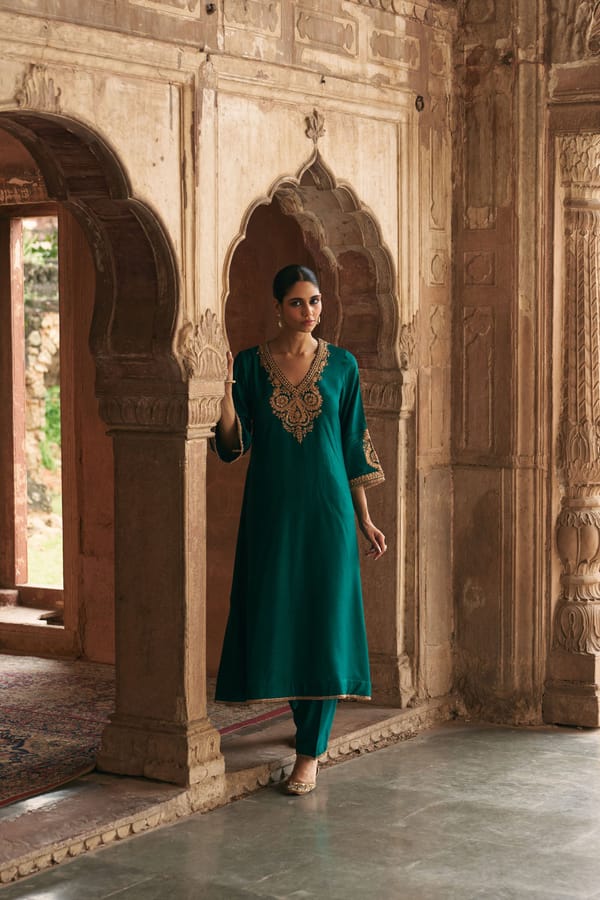 Emerald Green Upada Silk Kaftan Kurta Set with Salwar — Sheetal Batra