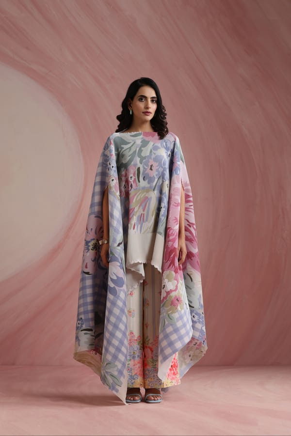 Powder Blue Checked Floral Print Satin Cape — Moh India