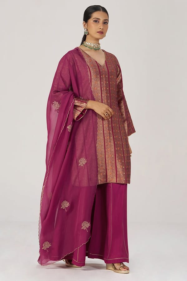 Grape Wine Pure Banarasi Festive Kurta Set — Ganga Fashions Pvt Ltd
