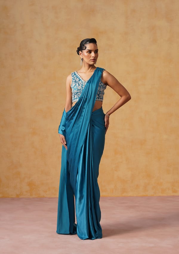 Teal Satin Pre-Draped Saree Set with Embroidered Blouse — AMOSHI