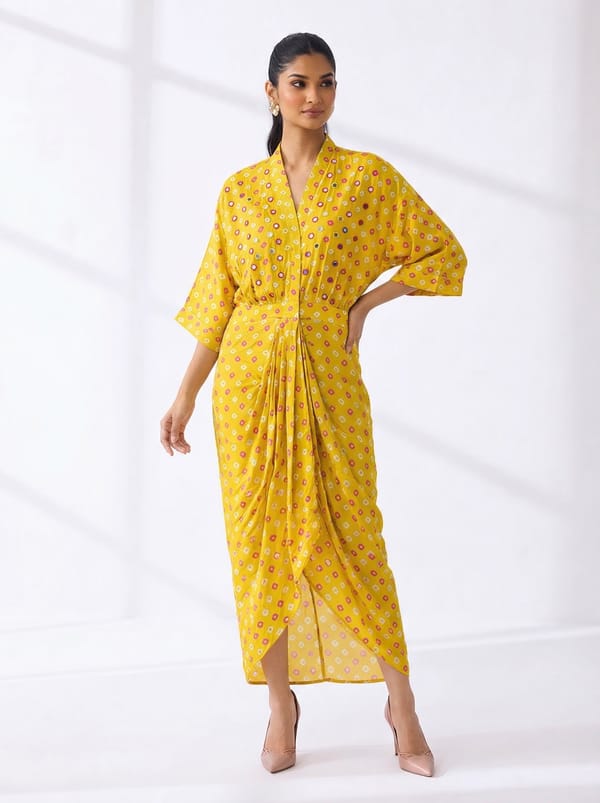 Yellow Geometric Print Wrap Midi Dress with Waist Tie — BUMBLEBEE