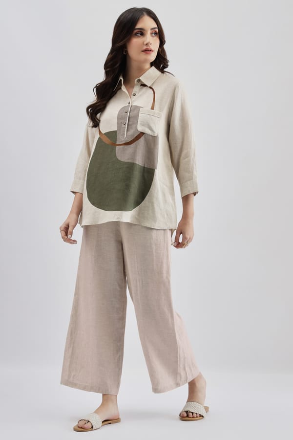 Beige Linen Wide-Leg Trousers with Elasticated Waist — Linen Bloom