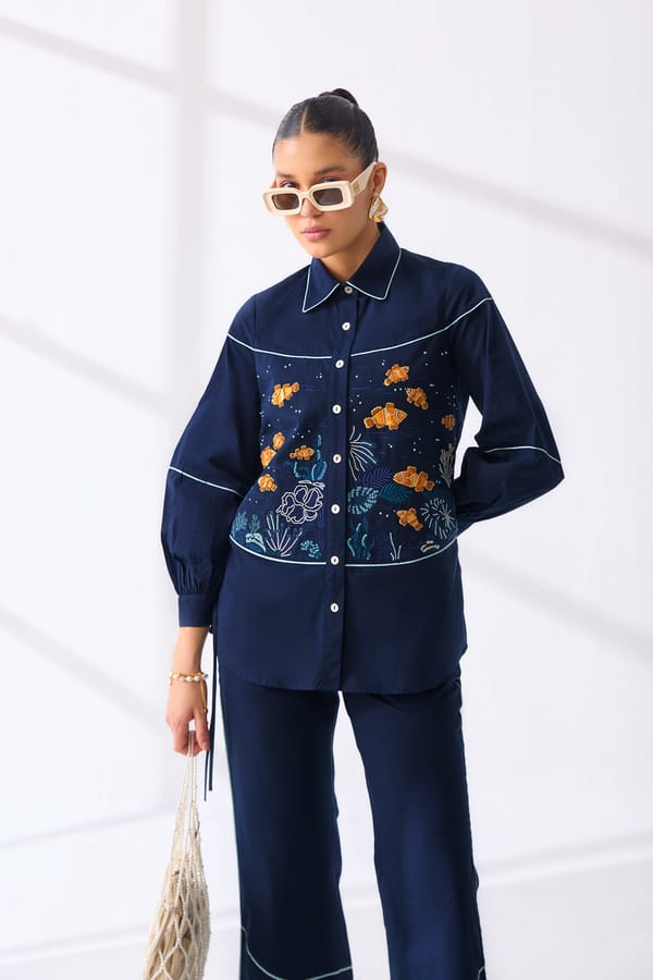 Navy Cotton Poplin Embroidered Button-Down Shirt — Our Love