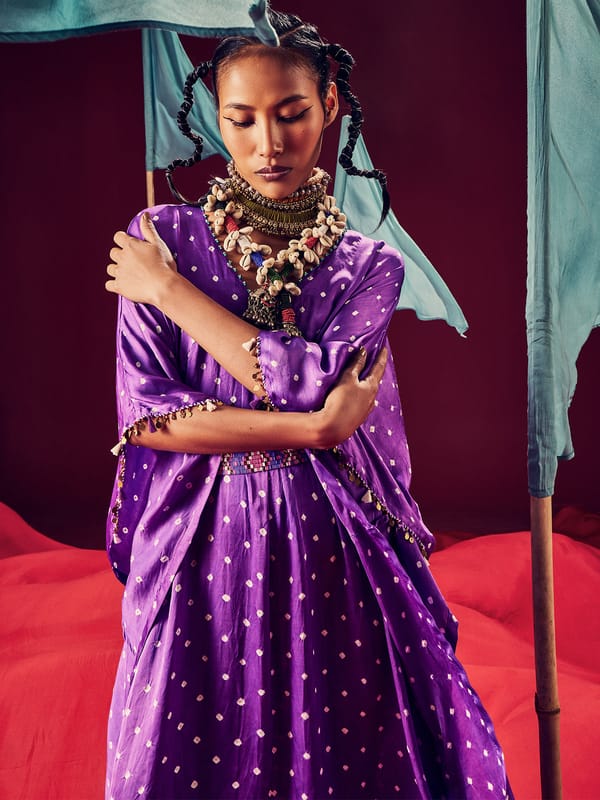 Purple Bandhani Modal Satin Kaftan with V-Neck — 5 Elements