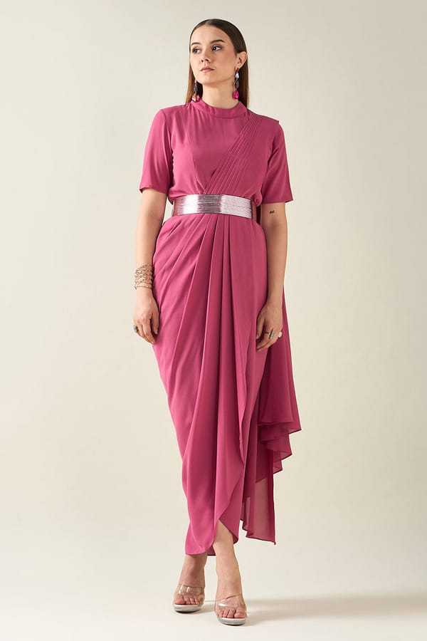 Pink Sari  Dress With Belt — Aakaar