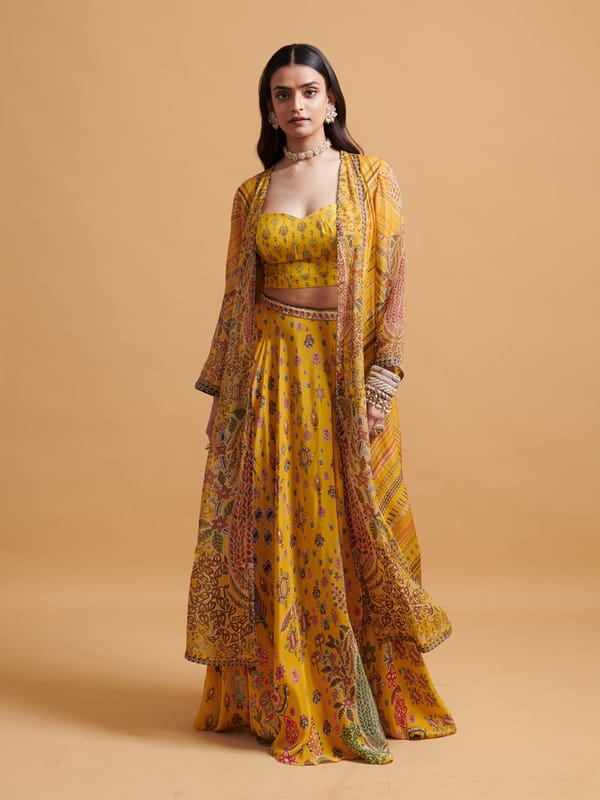 Yellow Printed Bustier, Maxi Skirt and Cape Co-ord Set — SAUNDH