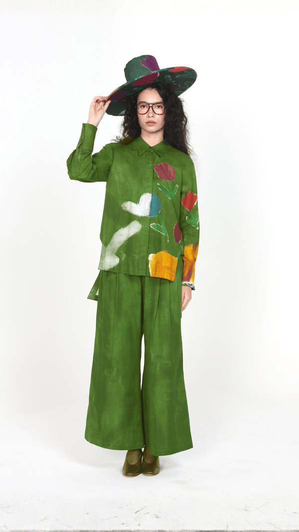 Forest Green Hand-Painted Shirt and Wide-Leg Co-ord Set — ART LOV AFFAIR