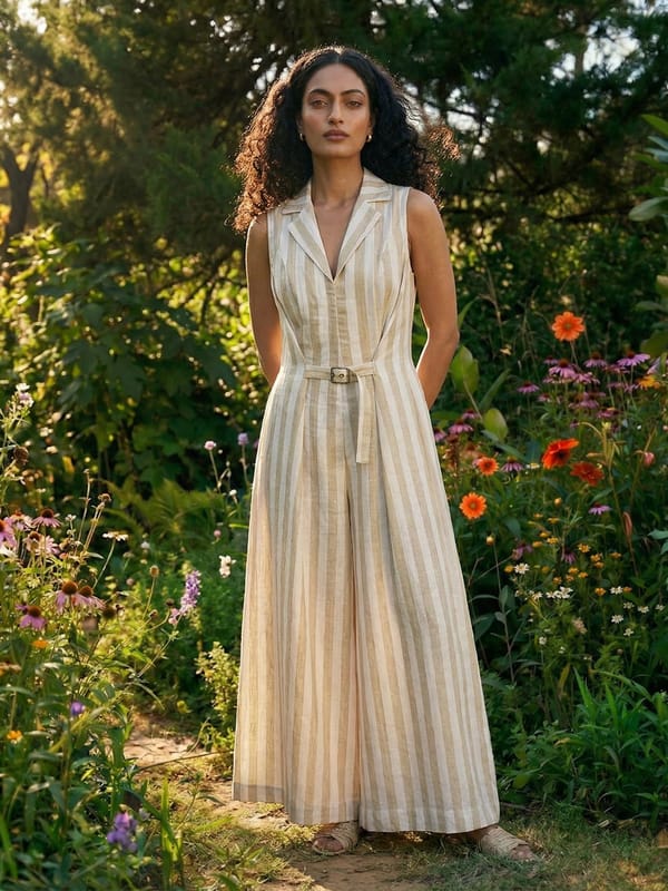 Beige Striped Cotton-Linen Belted Wide-Leg Jumpsuit — HOUSE OF FETT