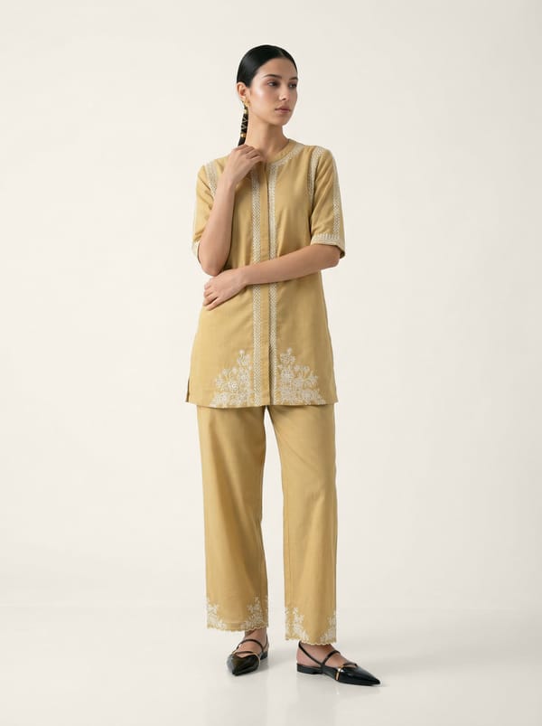 Beige Schiffli Embroidered Kurta and Pants Co-ord Set — SAUNDH