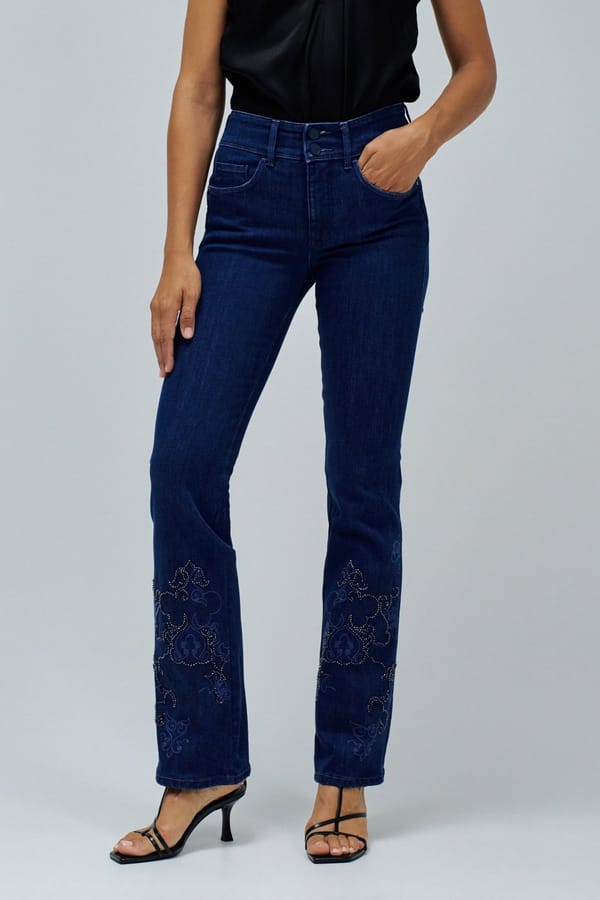 Blue High-Rise Bootcut Jeans with Embellished Hem — SALSA JEANS