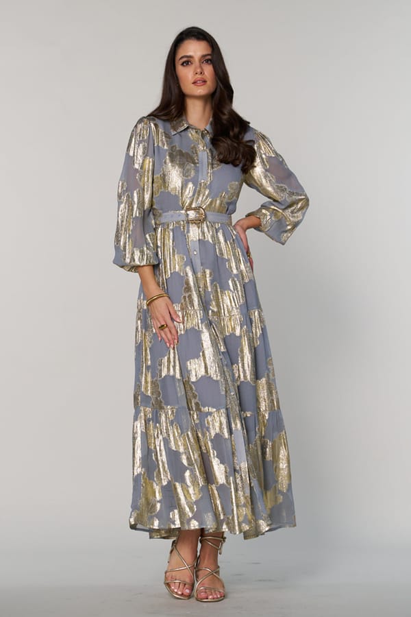 Grey and Gold Metallic Tiered Maxi Shirt Dress — Style Island