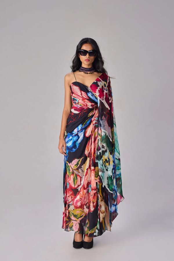 Multi Colour Floral One-Shoulder Chiffon Maxi Dress — Saaksha and Kinni
