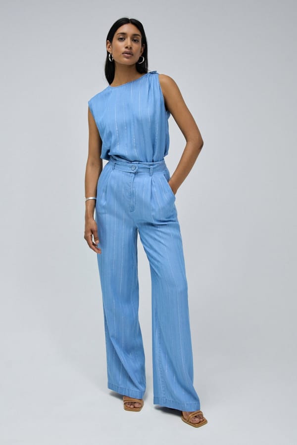 Light Blue High-Waist Wide-Leg Trousers with Lurex Stripes — SALSA JEANS
