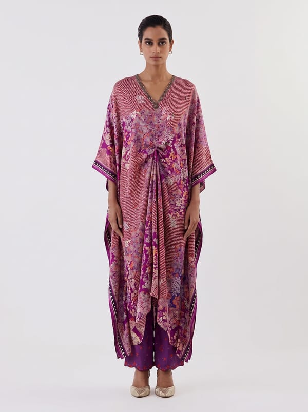 Water Glimmer Satin Kaftan With Pants — Kavita Bhartia