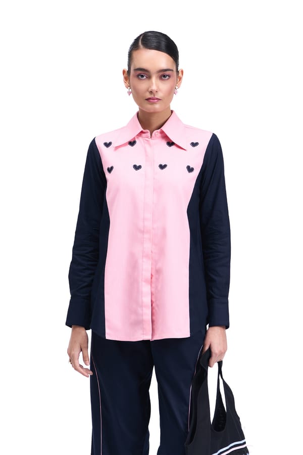 Bubblegum Pink and Navy Colorblocked Embroidered Shirt — Our Love