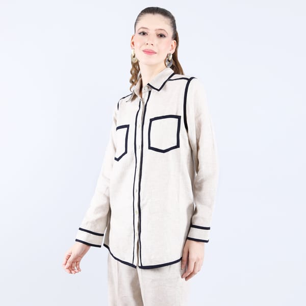 Beige Linen Double Pocket Shirt with Navy Piping — Linen Bloom