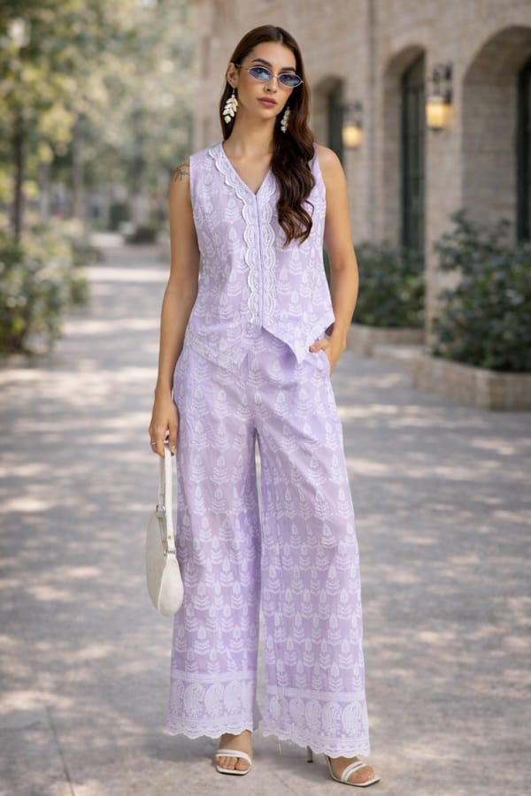 Lavender Cotton Printed Co-ord Set with Flared Pants — Designs by Queen Bee