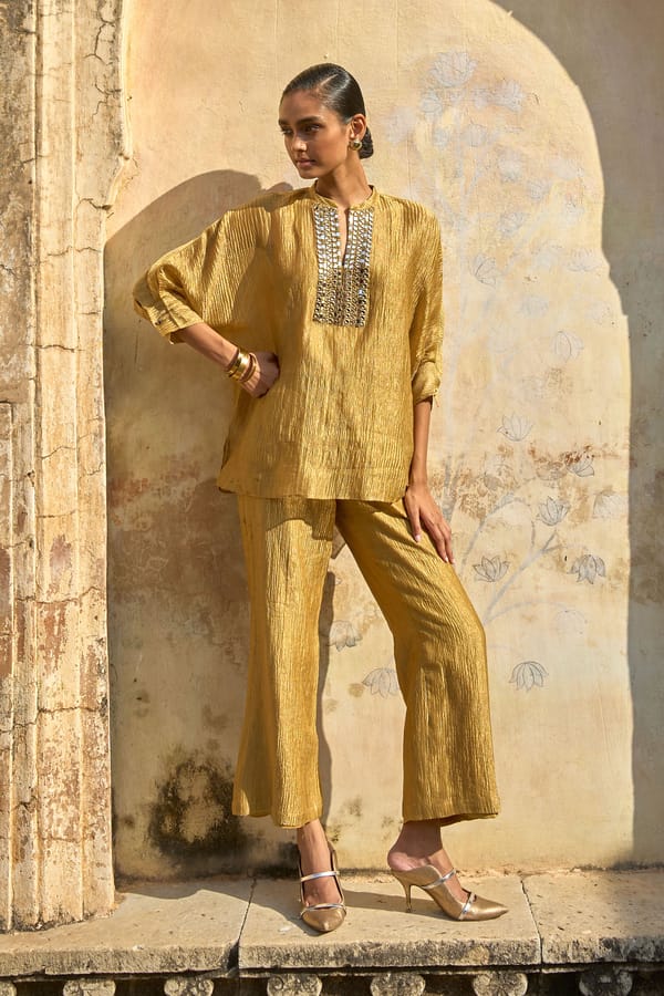 Gold Metallic Crinkled Tissue Straight-Leg Trousers — Dash and Dot